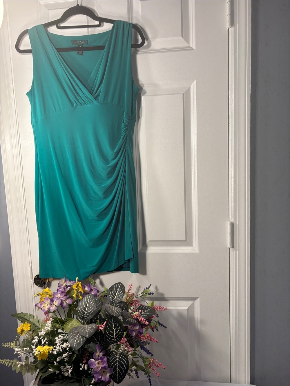 Lauren Ralph Lauren Teal Ruched V-Neck Dress – Size 14